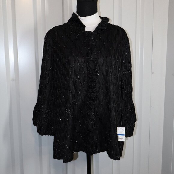 Damee Women's Diamond Design Ogee Ruffle Jacket Black Sparkle Size XL NWT Sheer - Picture 1 of 12